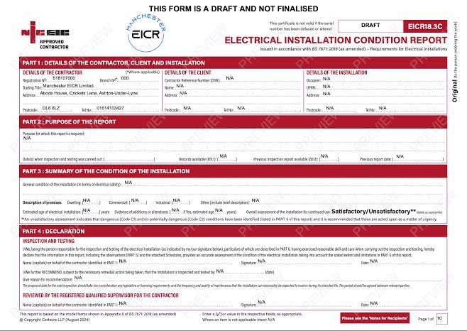Electrical Installation Condition Report (EICR) form issued in accordance with BS 7671 after a domestic inspection in Hampshire